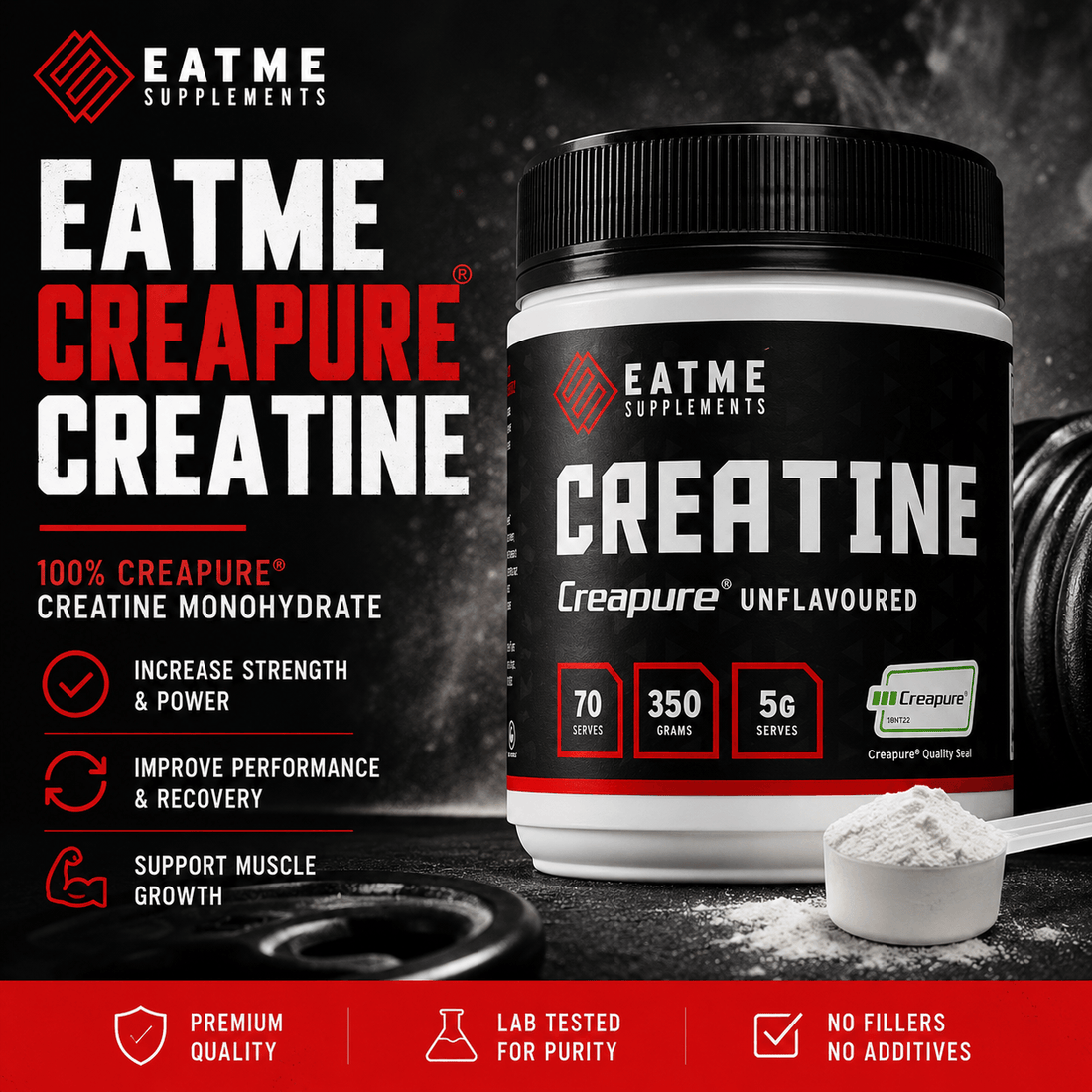 atMe Supplements Creapure Creatine Monohydrate 350g - Premium German-made creatine for strength, muscle growth and performance.
